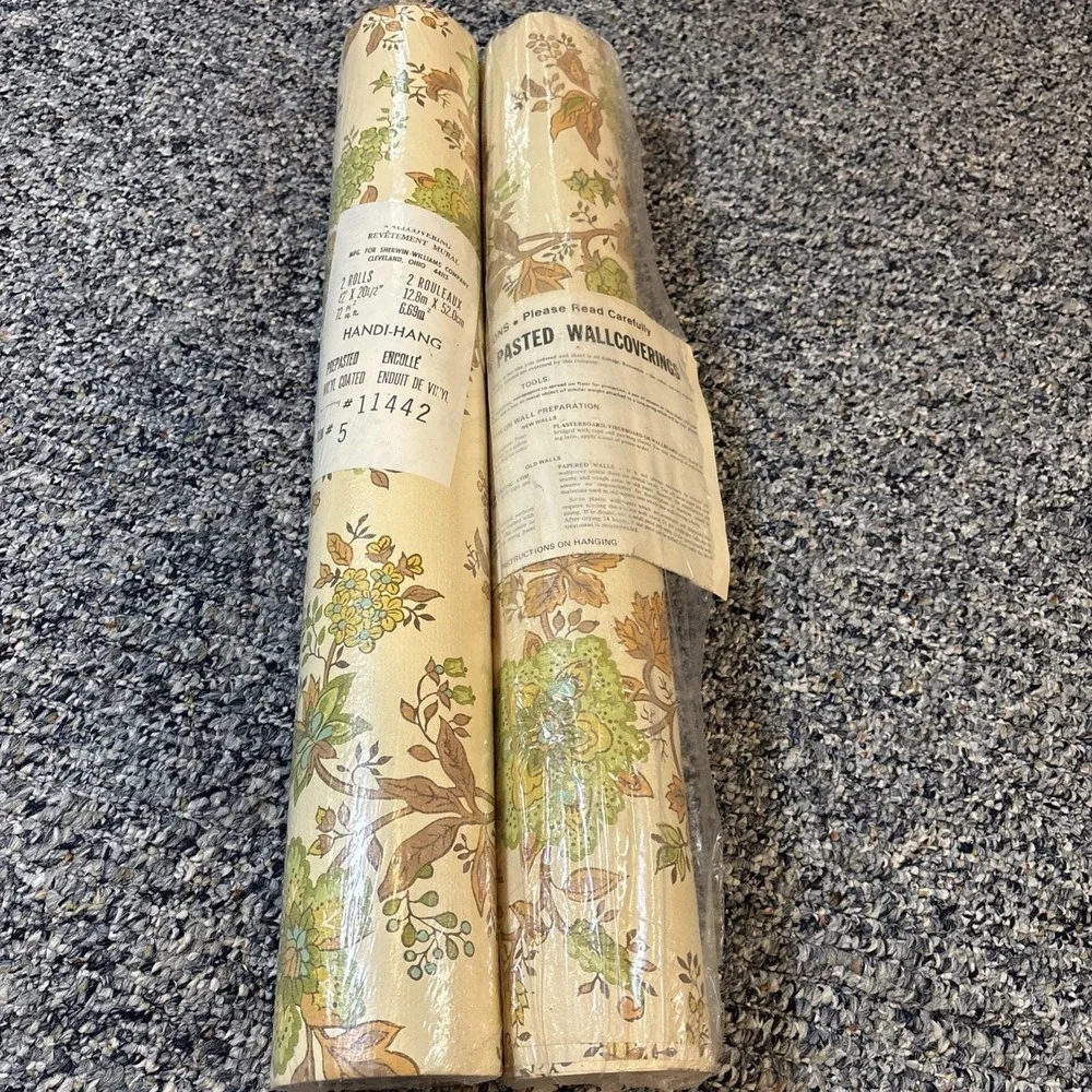 Vintage 1970s Hanging Plant Floral Flowers Wallpaper Double Rolls Set of 2 Green
